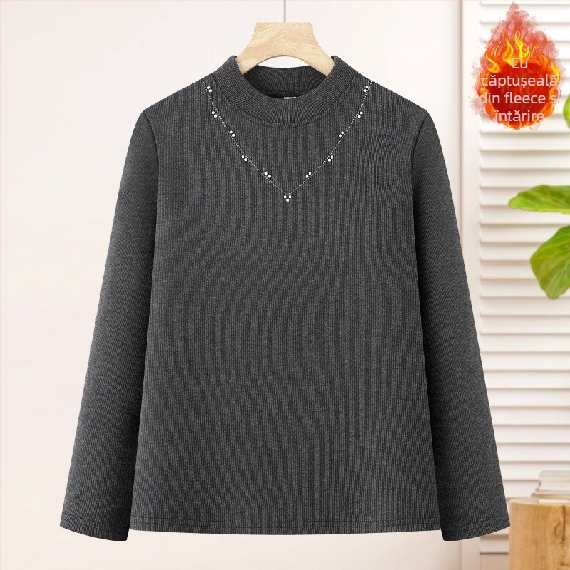 Tricou termic din bază, căptușit cu fleece, mâneci lungi, guler semiînalt, țesătură poliester peste 95%, stil elegant pentru naveta zilnică