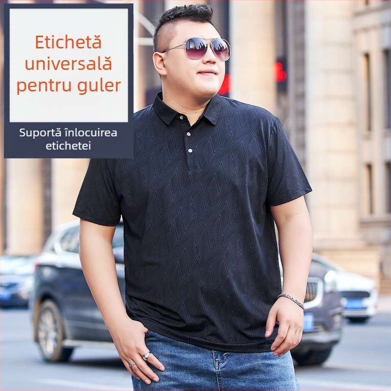 Tricou pentru bărbați, croială lejeră, guler rever, mâneci scurte, material nylon-spandex, imprimare geometrică digitală