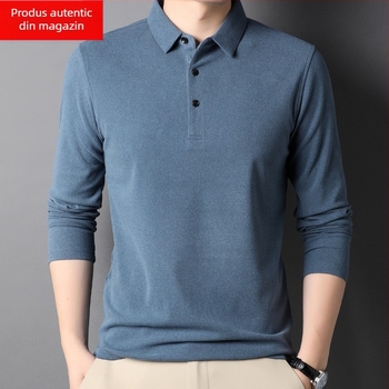 Tricou bărbătesc cu mânecă lungă, guler stil rever, bumbac mercerizat, croială lejeră, toamnă 2025