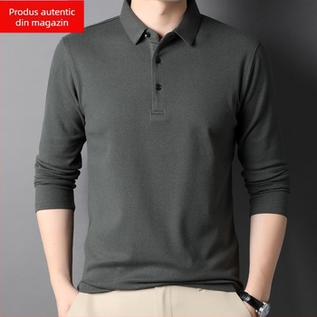 Tricou bărbătesc cu mânecă lungă, guler stil rever, bumbac mercerizat, croială lejeră, toamnă 2025