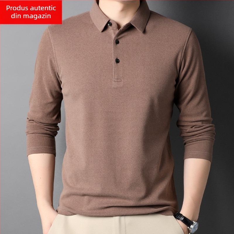 Tricou bărbătesc cu mânecă lungă, guler stil rever, bumbac mercerizat, croială lejeră, toamnă 2025