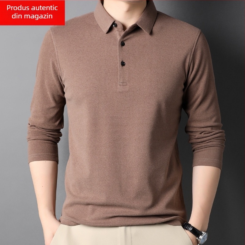 Tricou bărbătesc cu mânecă lungă, guler stil rever, bumbac mercerizat, croială lejeră, toamnă 2025