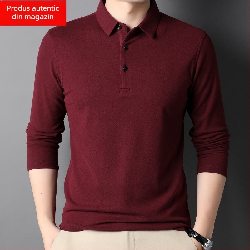 Tricou bărbătesc cu mânecă lungă, guler stil rever, bumbac mercerizat, croială lejeră, toamnă 2025