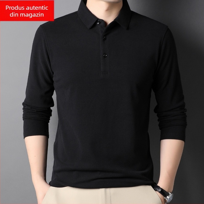 Tricou bărbătesc cu mânecă lungă, guler stil rever, bumbac mercerizat, croială lejeră, toamnă 2025