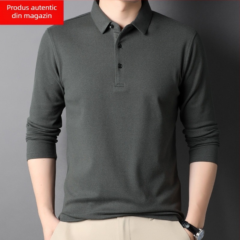 Tricou bărbătesc cu mânecă lungă, guler stil rever, bumbac mercerizat, croială lejeră, toamnă 2025