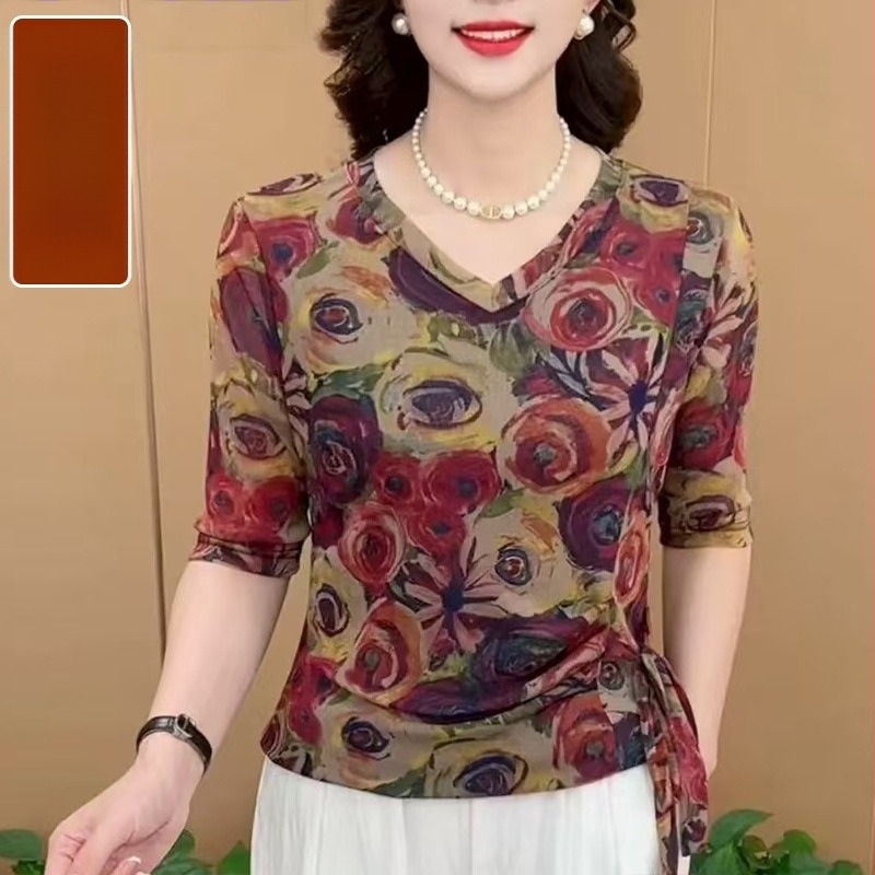 Bluza damă cu mâneci lungi, decolteu în V, imprimeu cu plante, croială lejeră, poliester 80-90%