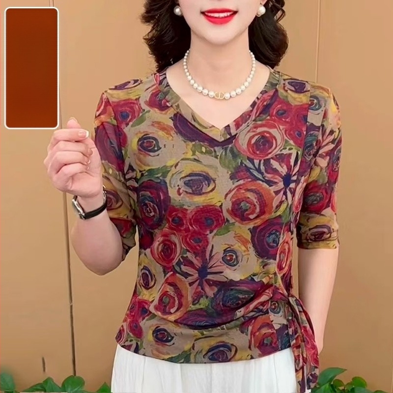 Bluza damă cu mâneci lungi, decolteu în V, imprimeu cu plante, croială lejeră, poliester 80-90%