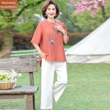 Set de două piese pentru mame - Primăvara 2025, țesătură TR, Top cu guler polo, mâneci 3/4, Stil Chinezesc