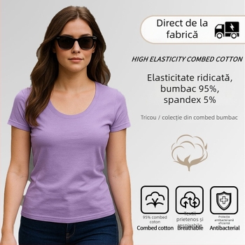 ESSENZIALE MILANO tricou cu decolteu în formă de U și mâneci scurte, amestec din bumbac și elastan, croială 3D, logo tipărit