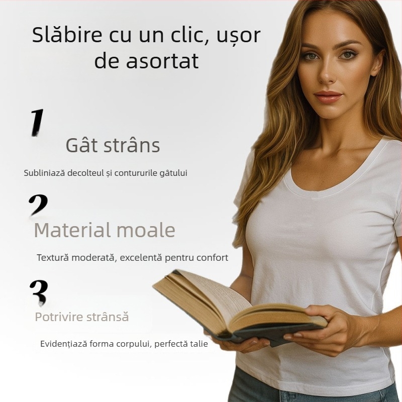 ESSENZIALE MILANO tricou cu decolteu în formă de U și mâneci scurte, amestec din bumbac și elastan, croială 3D, logo tipărit