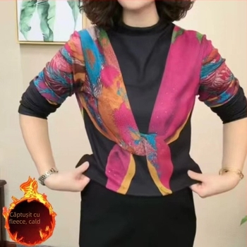 Tricou damă cu glugă, imprimeu, mâneci lungi, croială lejeră