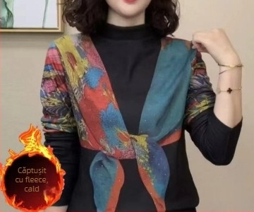 Tricou damă cu glugă, imprimeu, mâneci lungi, croială lejeră