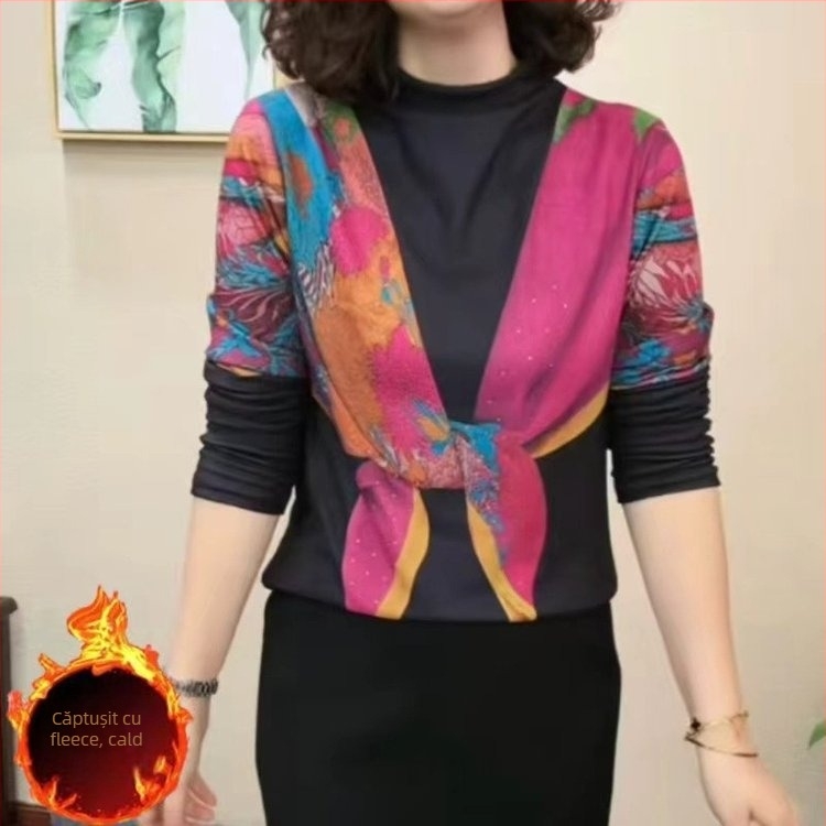 Tricou damă cu glugă, imprimeu, mâneci lungi, croială lejeră