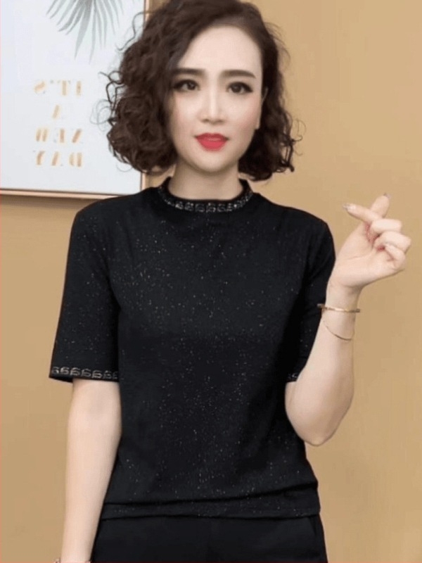 Tricou damă din poliester, mâneci medii, guler rotund, model solid, stil casual