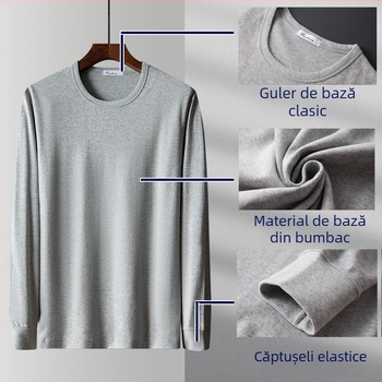 Tricou lejer din bumbac 100%, mânecă lungă, croială lejeră, guler rotund, buzunar real