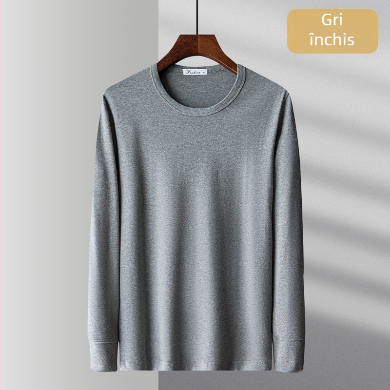 Tricou lejer din bumbac 100%, mânecă lungă, croială lejeră, guler rotund, buzunar real