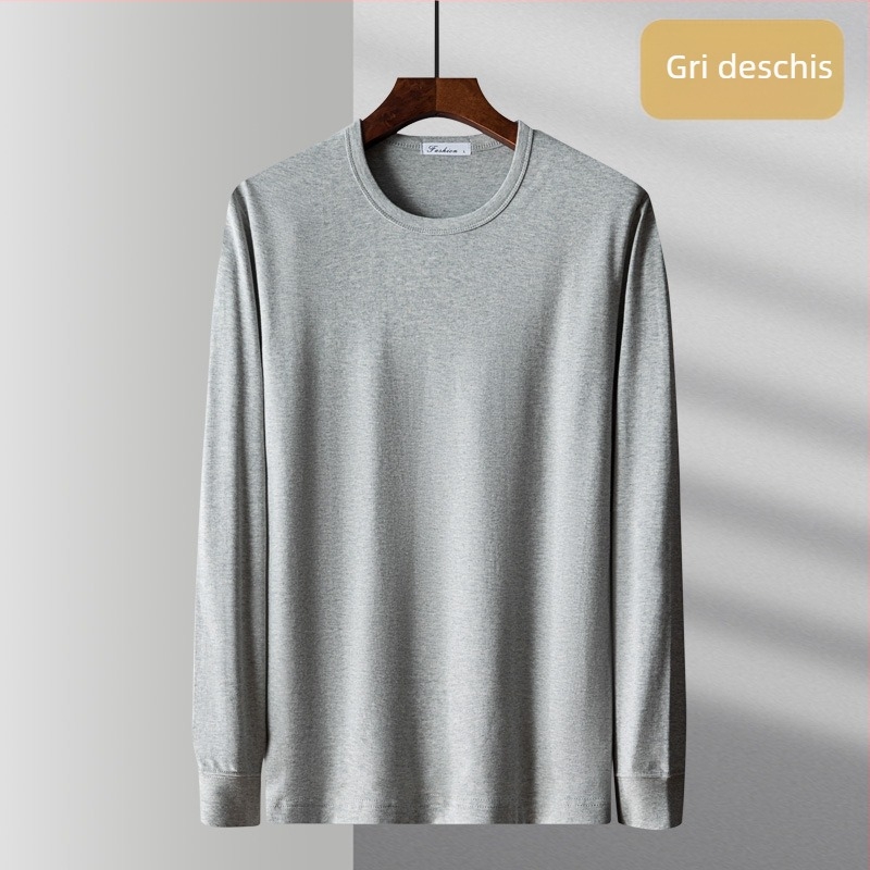 Tricou lejer din bumbac 100%, mânecă lungă, croială lejeră, guler rotund, buzunar real