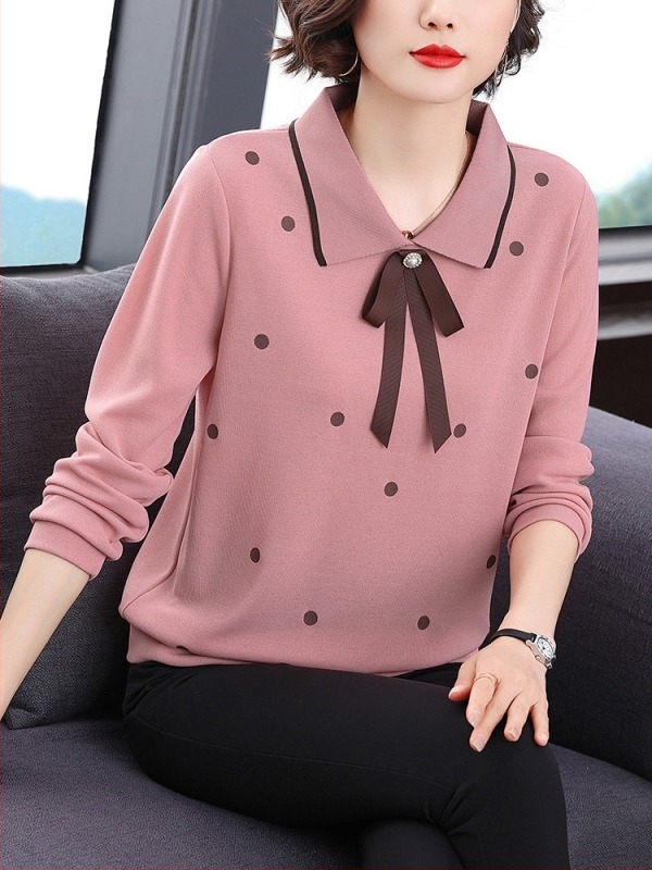 Tricou cu buline, mâneci lungi, croială lejeră, stil pulover, lungime 50–65 cm