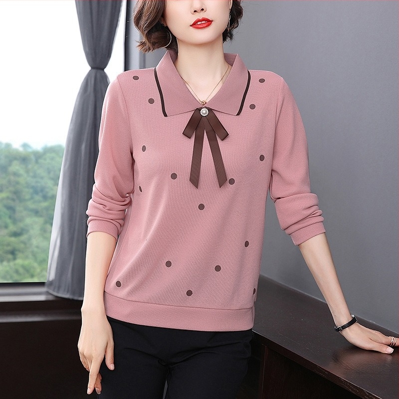 Tricou cu buline, mâneci lungi, croială lejeră, stil pulover, lungime 50–65 cm