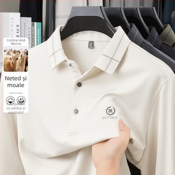 Tricou bărbătesc cu guler tip lapel, mânecă lungă, imprimeu, amestec poliester-viscoză-elastan cu lână de miel, primăvară-toamnă