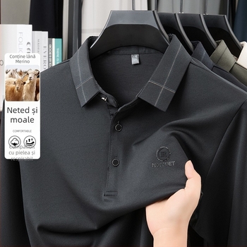 Tricou bărbătesc cu guler tip lapel, mânecă lungă, imprimeu, amestec poliester-viscoză-elastan cu lână de miel, primăvară-toamnă