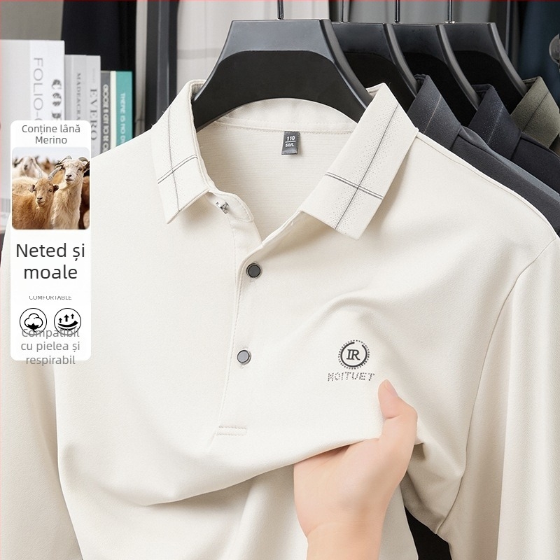 Tricou bărbătesc cu guler tip lapel, mânecă lungă, imprimeu, amestec poliester-viscoză-elastan cu lână de miel, primăvară-toamnă