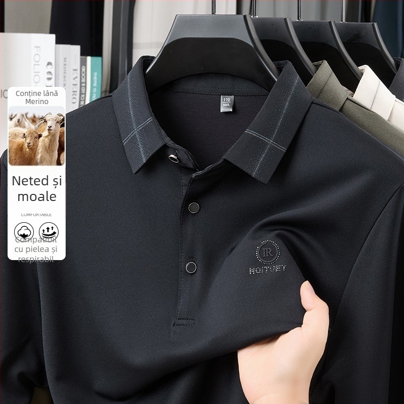 Tricou bărbătesc cu guler tip lapel, mânecă lungă, imprimeu, amestec poliester-viscoză-elastan cu lână de miel, primăvară-toamnă