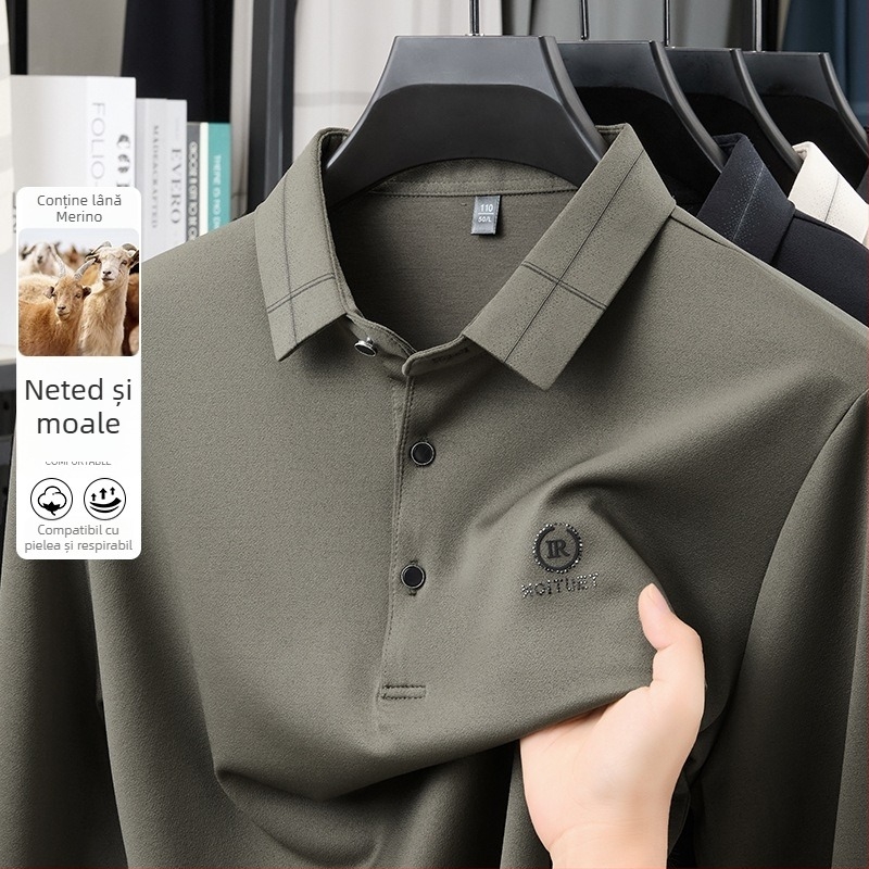 Tricou bărbătesc cu guler tip lapel, mânecă lungă, imprimeu, amestec poliester-viscoză-elastan cu lână de miel, primăvară-toamnă