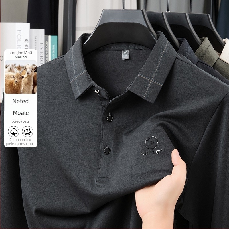 Tricou bărbătesc cu guler tip lapel, mânecă lungă, imprimeu, amestec poliester-viscoză-elastan cu lână de miel, primăvară-toamnă