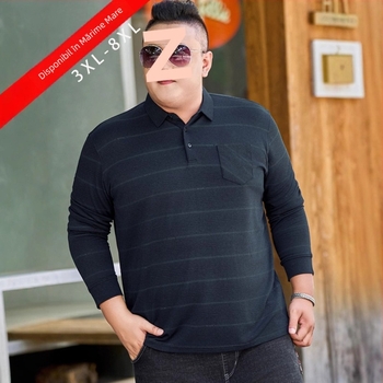 Tricou pentru bărbați cu mânecă lungă, croială lejeră, dungat, guler rever, material din bumbac