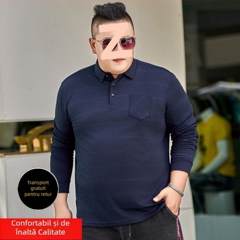 Tricou pentru bărbați cu mânecă lungă, croială lejeră, dungat, guler rever, material din bumbac