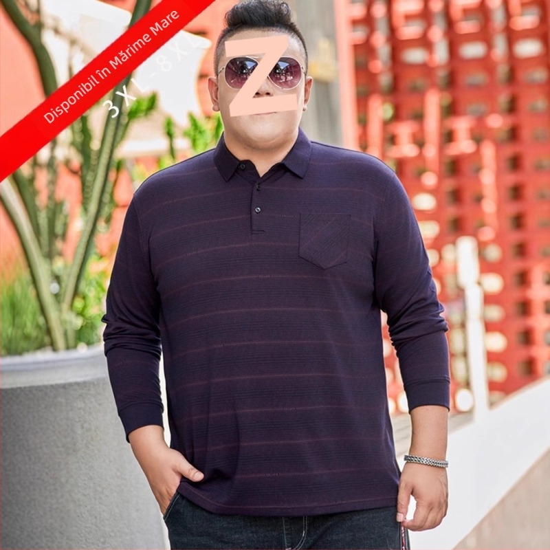 Tricou pentru bărbați cu mânecă lungă, croială lejeră, dungat, guler rever, material din bumbac