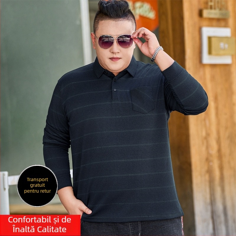 Tricou pentru bărbați cu mânecă lungă, croială lejeră, dungat, guler rever, material din bumbac