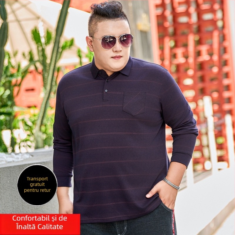 Tricou pentru bărbați cu mânecă lungă, croială lejeră, dungat, guler rever, material din bumbac