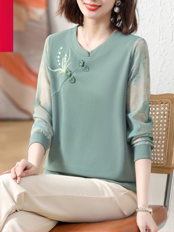 Top tricot casual cu mâneci lungi, guler rotund, broderie, țesătură poliester peste 95% conținut, colecție primăvară 2025