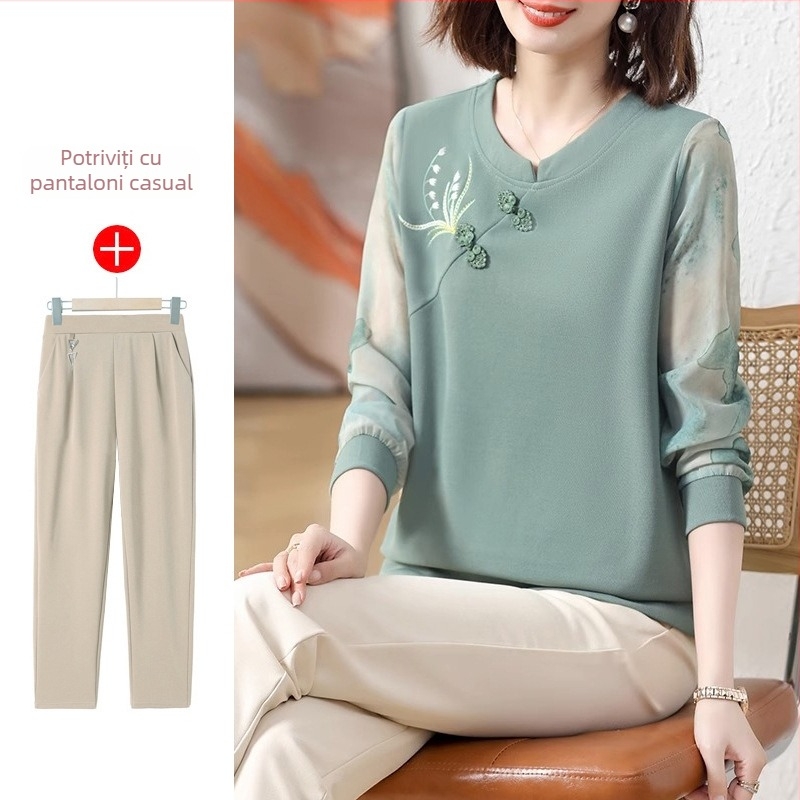 Top tricot casual cu mâneci lungi, guler rotund, broderie, țesătură poliester peste 95% conținut, colecție primăvară 2025