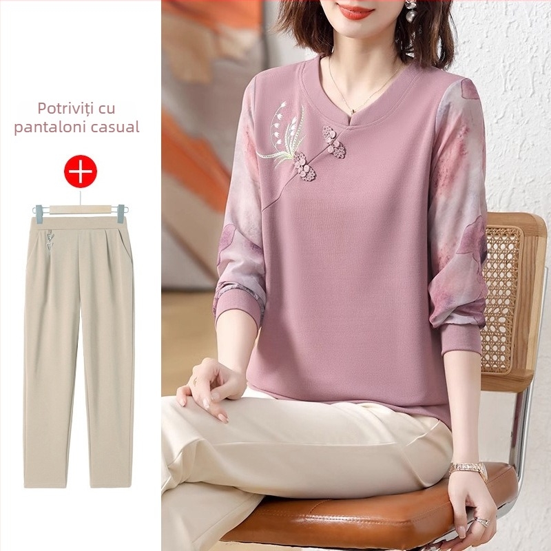 Top tricot casual cu mâneci lungi, guler rotund, broderie, țesătură poliester peste 95% conținut, colecție primăvară 2025
