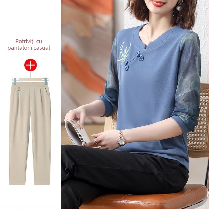 Top tricot casual cu mâneci lungi, guler rotund, broderie, țesătură poliester peste 95% conținut, colecție primăvară 2025