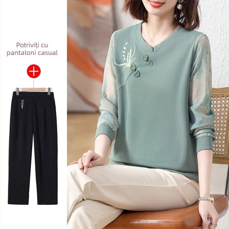 Top tricot casual cu mâneci lungi, guler rotund, broderie, țesătură poliester peste 95% conținut, colecție primăvară 2025