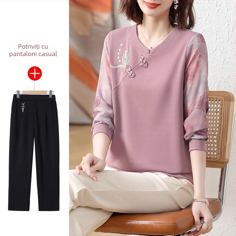 Top tricot casual cu mâneci lungi, guler rotund, broderie, țesătură poliester peste 95% conținut, colecție primăvară 2025