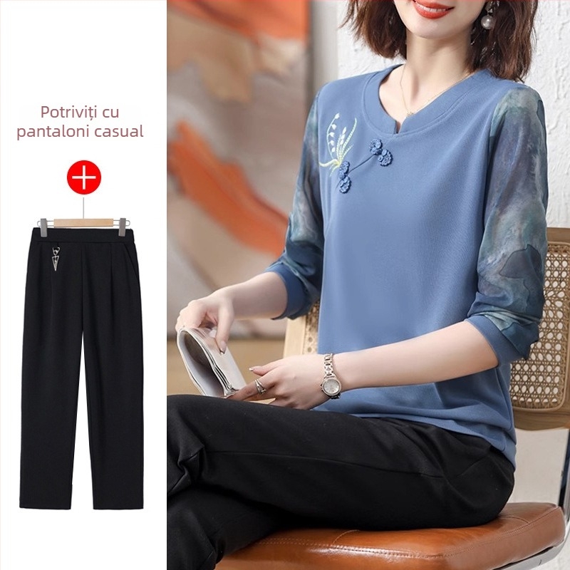 Top tricot casual cu mâneci lungi, guler rotund, broderie, țesătură poliester peste 95% conținut, colecție primăvară 2025