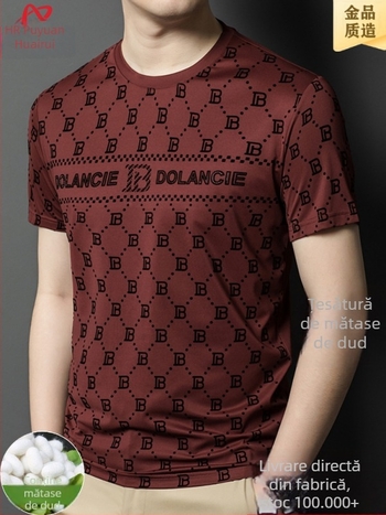 Tricou bărbați cu mâneci scurte din mătase de mulberry, vară, guler rotund, uni, pentru bărbați de vârstă mijlocie