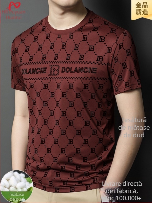 Tricou bărbați cu mâneci scurte din mătase de mulberry, vară, guler rotund, uni, pentru bărbați de vârstă mijlocie