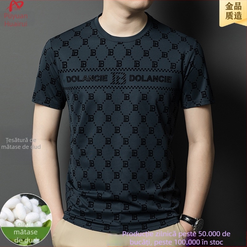 Tricou bărbați cu mâneci scurte din mătase de mulberry, vară, guler rotund, uni, pentru bărbați de vârstă mijlocie