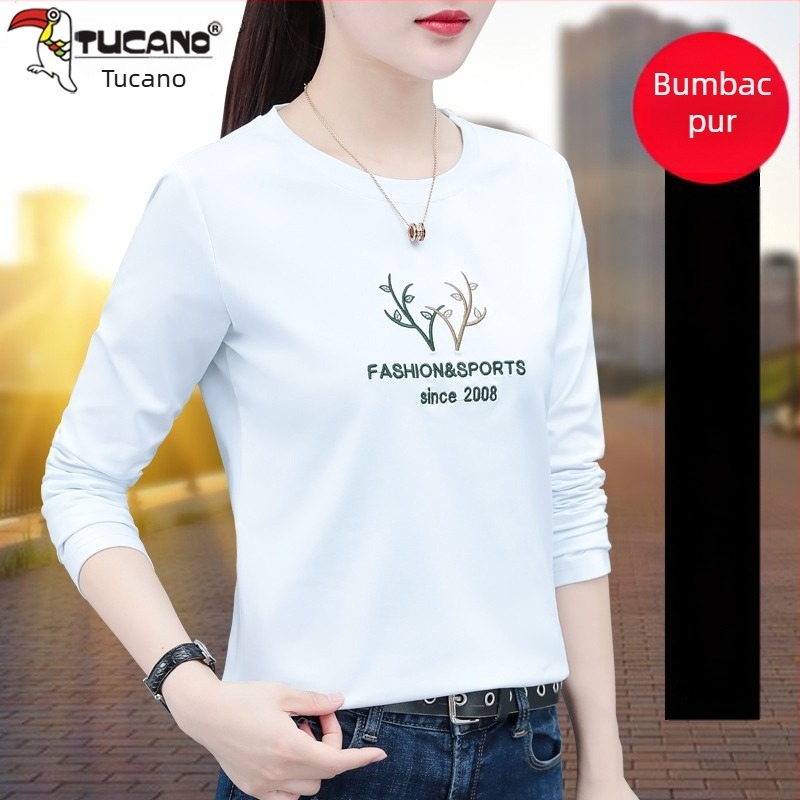 Tricou din bumbac pentru femei, mâneci lungi, broderie, croială lejeră, guler rotund