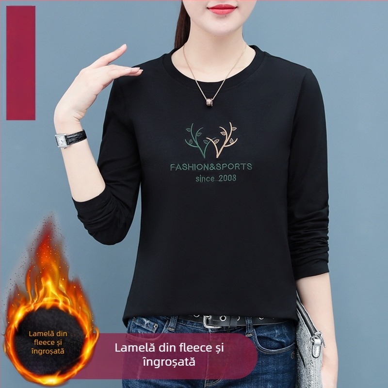 Tricou din bumbac pentru femei, mâneci lungi, broderie, croială lejeră, guler rotund