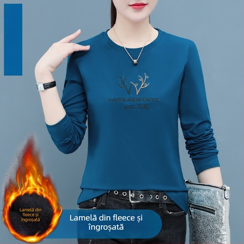 Tricou din bumbac pentru femei, mâneci lungi, broderie, croială lejeră, guler rotund