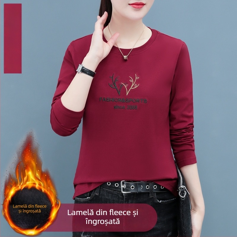 Tricou din bumbac pentru femei, mâneci lungi, broderie, croială lejeră, guler rotund