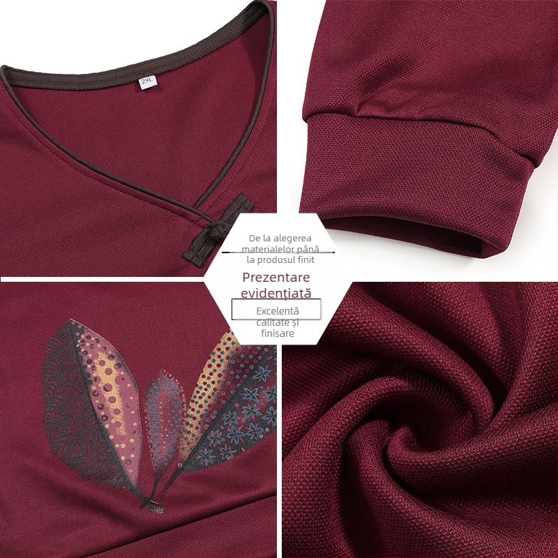 Top decolteu în V, mâneci lungi, croială lejeră pentru femei de vârstă mijlocie și în vârstă, imprimeu floral, lungime medie, țesătură Tr fabric cu 80-90% Alt și până la 30% Spandex, Toamnă 2024