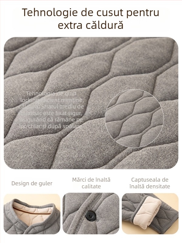 Set de iarnă pentru bărbați din bumbac, cu umplutură poliester, căptușeală fleece, guler înalt, croială lejeră, buzunare patch